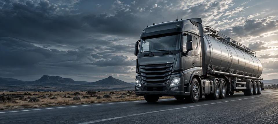 Illustrative unbranded fuel tanker on an open road